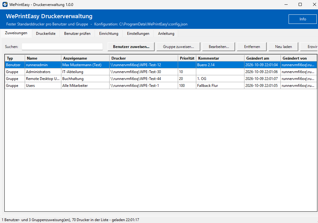 WePrintEasy-Druckerverwaltung, Reiter „Zuweisungen“: eine Benutzer- und drei Gruppenzuweisungen mit Drucker, Priorität, Kommentar und Änderungsdatum.