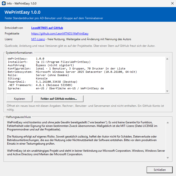 Info-Dialog von WePrintEasy mit Version, Projektseite, Lizenz, Systeminformationen und der Schaltfläche „Fehler auf GitHub melden…“.