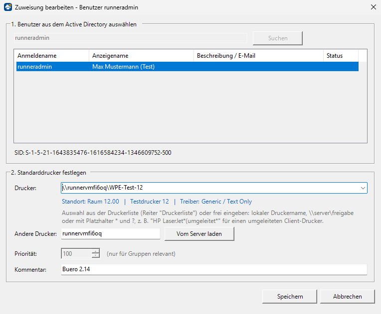 Dialog „Zuweisung bearbeiten“: Benutzer aus dem Active Directory mit SID; Drucker aus der Druckerliste mit Standort, Kommentar und Treiber.