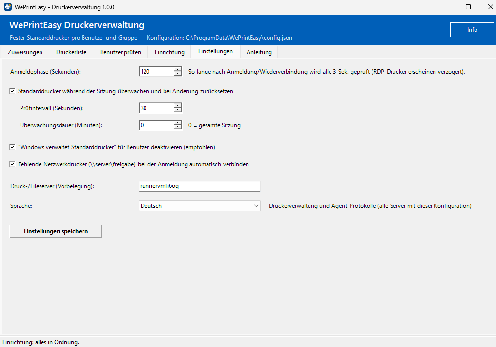 Reiter „Einstellungen“: Anmeldephase 120 Sekunden, Überwachung während der Sitzung alle 30 Sekunden für die ganze Sitzung, „Windows verwaltet Standarddrucker“ aus, Netzwerkdrucker verbinden, Sprache Deutsch.