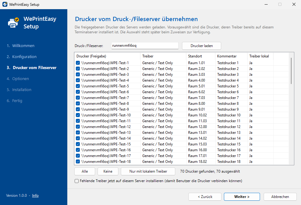 Setup-Assistent, Schritt „Drucker vom Fileserver“: 70 freigegebene Drucker mit Treiber, Standort und Kommentar, vorausgewählt wegen lokal installiertem Treiber.