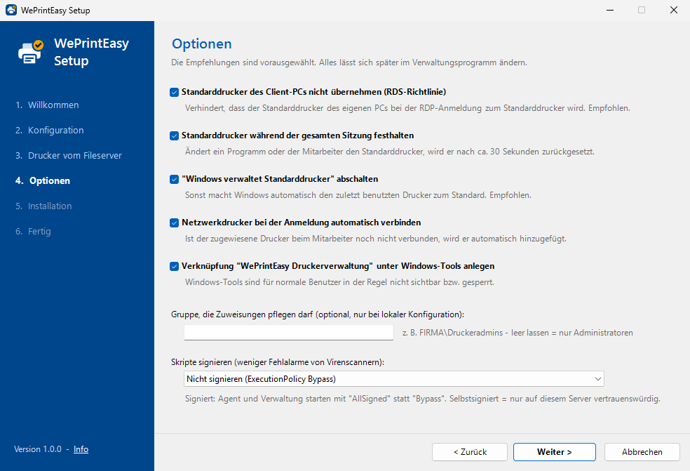 Setup-Assistent, Schritt „Optionen“: RDS-Richtlinie, Standarddrucker während der Sitzung festhalten, „Windows verwaltet Standarddrucker“ abschalten, Netzwerkdrucker verbinden, Verknüpfung, Editor-Gruppe.